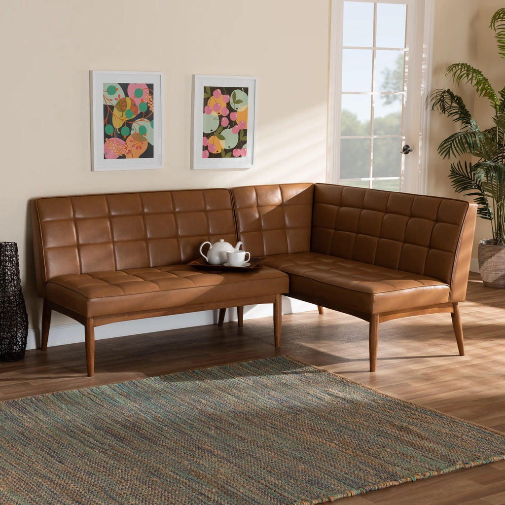 Tan Faux Leather Upholstered Walnut Brown Wood 2-Piece Dining Nook Banquette Set B756518