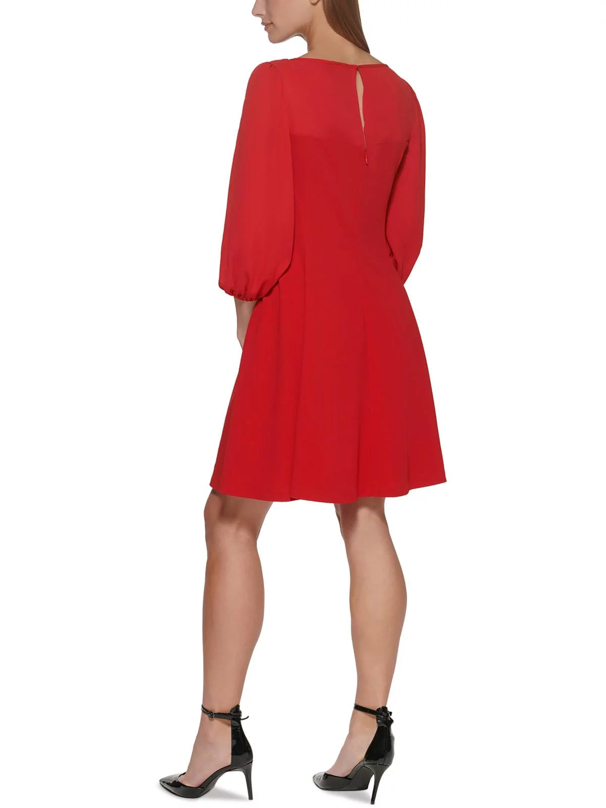 Red Sheer Unlined Pouf Sleeve Round Neck Fit + Flare Dress Y13091