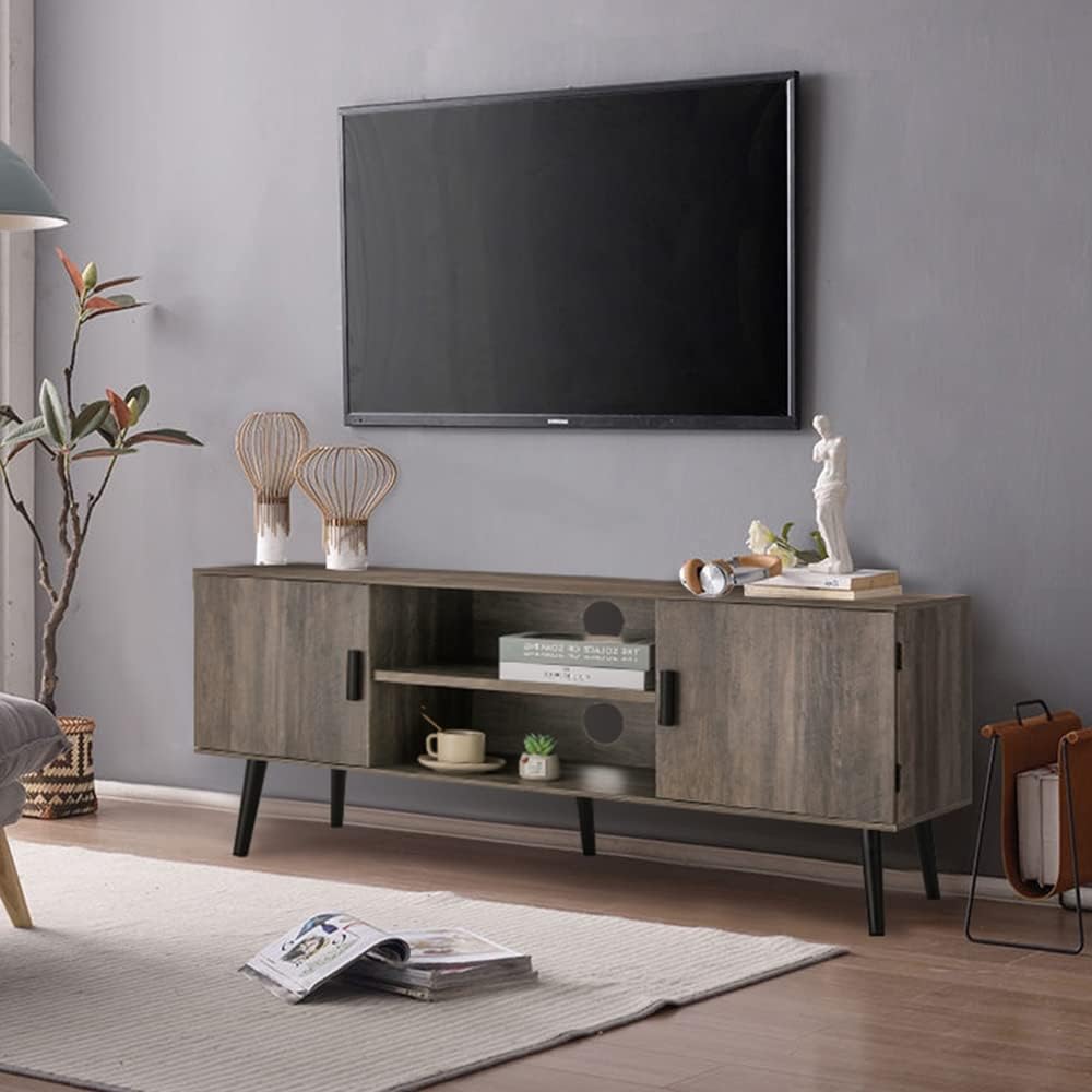 Retro TV Stand with 2 Cabinet & 2 Shelves, Dark Walnut D911091