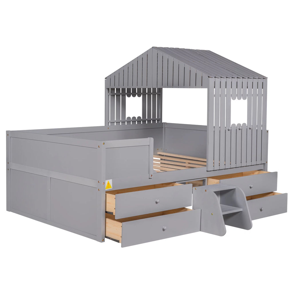 Full Size Low Loft Bed with Four Drawers, Gray Y318