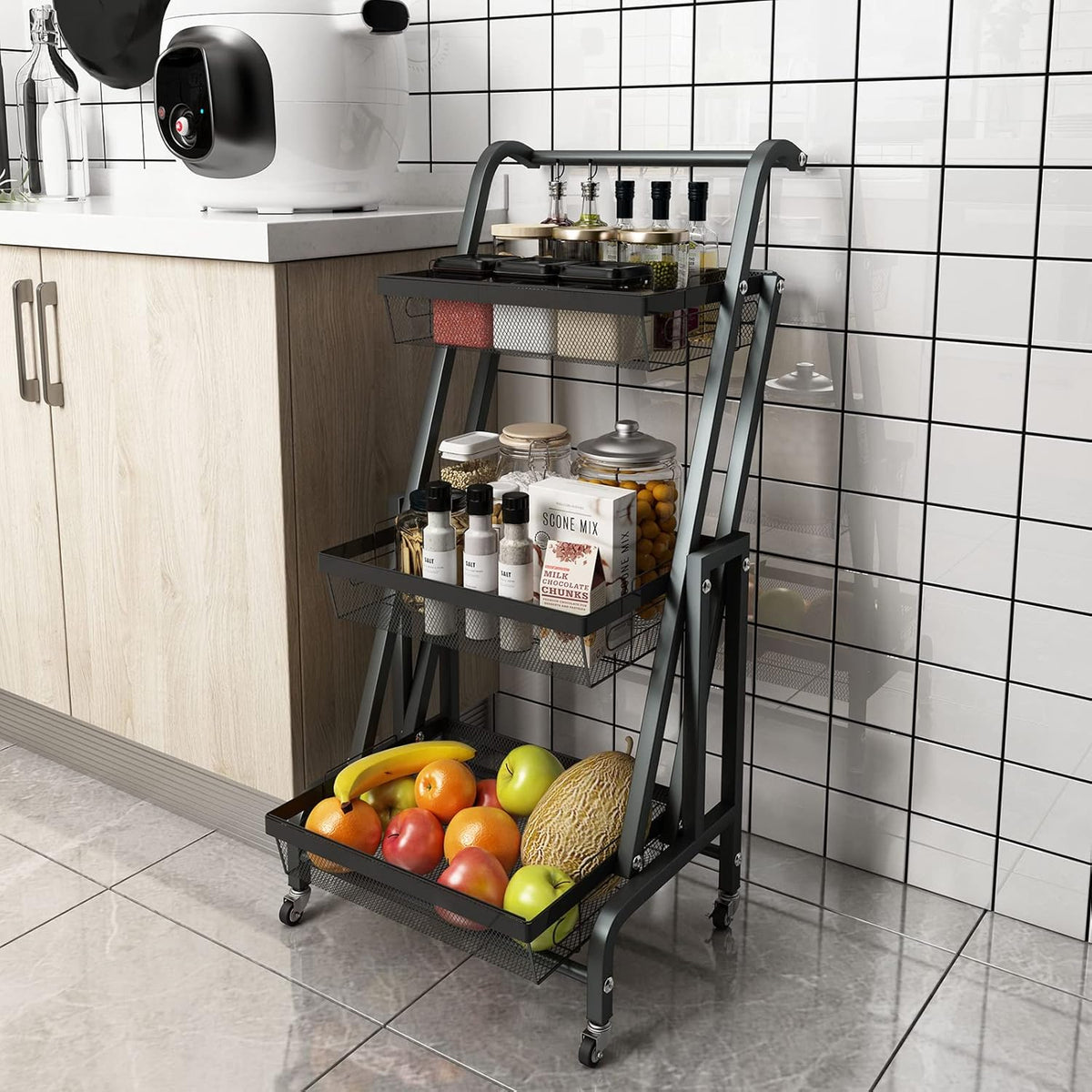 3 Tier Rolling Utility Cart with Wheels, Metal Wire Baskets, Black W29451